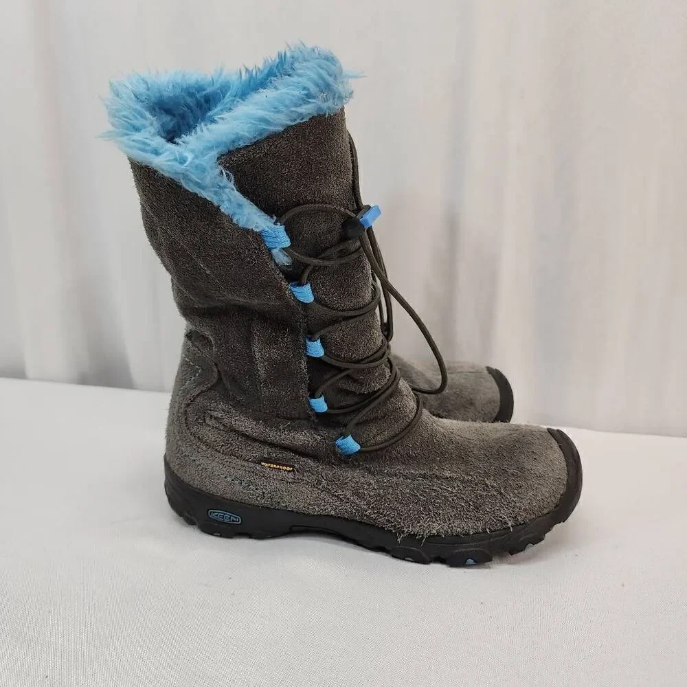 KEEN Brighton Size 4 WP Winter Boot Little Kid/Big Kid Grey Suede Blue  Faux Fur